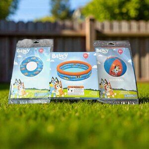 Bluey & Bingo Inflatable Set - 40" Kiddie Pool, Swim Tube Float & Beach Ball NEW